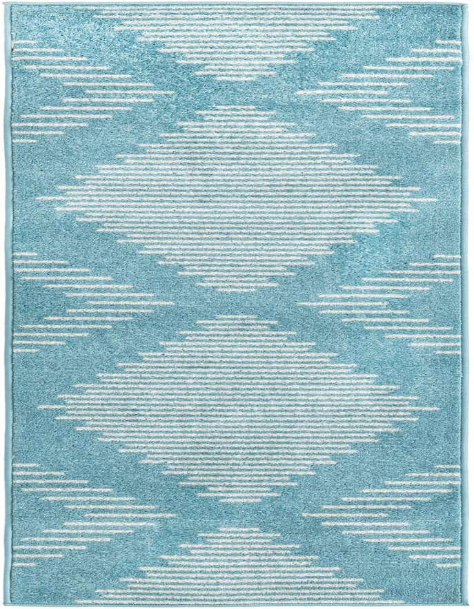 A 6 ft runner rug in light blue with a modern white striped diamond pattern, ideal for a hallway or kitchen.