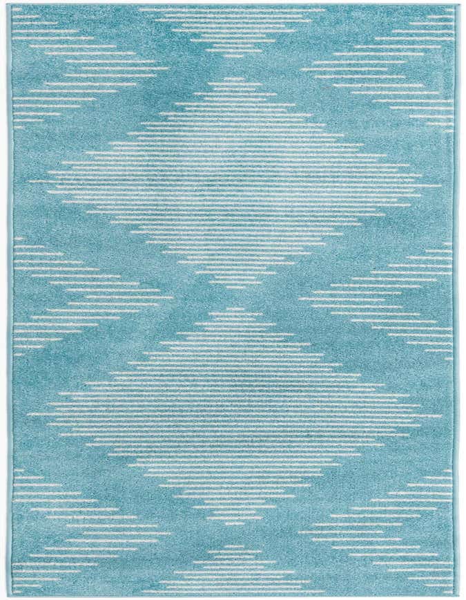 A light blue runner rug with a modern geometric stripe pattern forming diamonds, ideal for a kitchen or hallway.