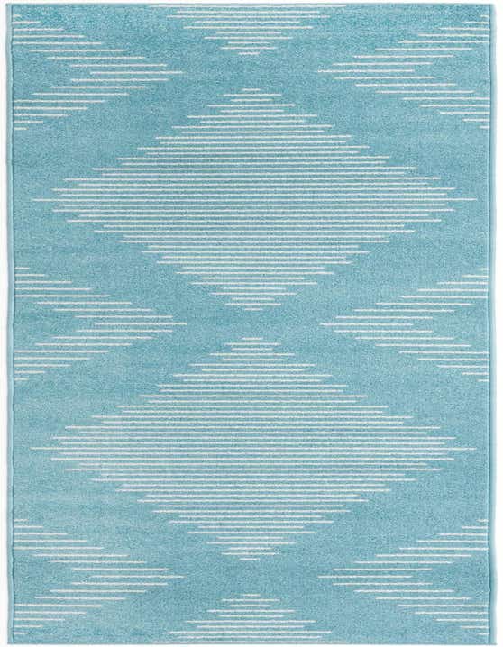A 10 ft runner rug in light blue with a modern pattern of white horizontal stripes forming large diamonds.
