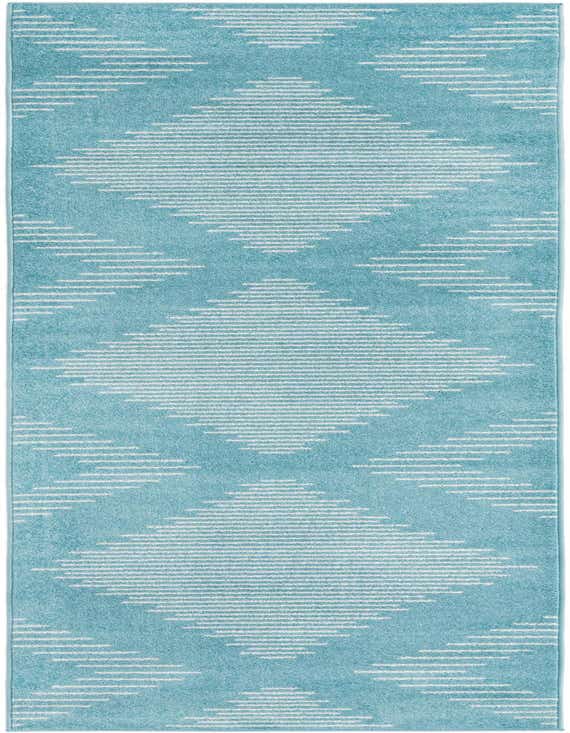 A 12 ft light blue runner rug with a modern white striped diamond pattern, ideal for hallways.