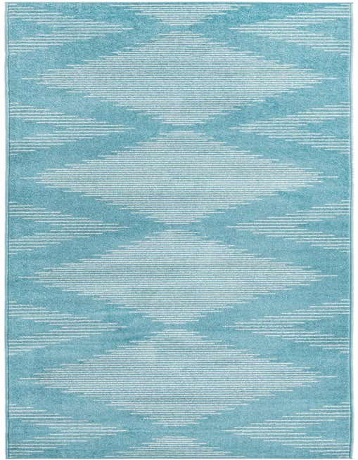 A 14 ft runner rug in shades of light blue with a modern geometric stripe pattern, ideal for a hallway.