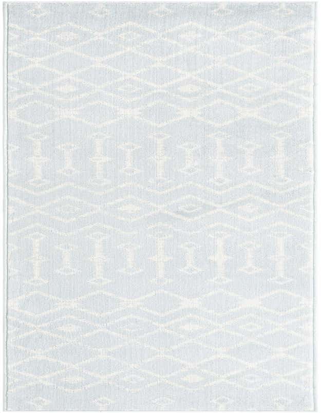 A light blue 8 ft runner rug with a repeating white tribal trellis pattern, ideal for a hallway or kitchen.