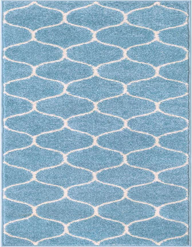 A 6 ft runner rug featuring a light blue background with a cream modern trellis pattern, ideal for a hallway or kitchen.