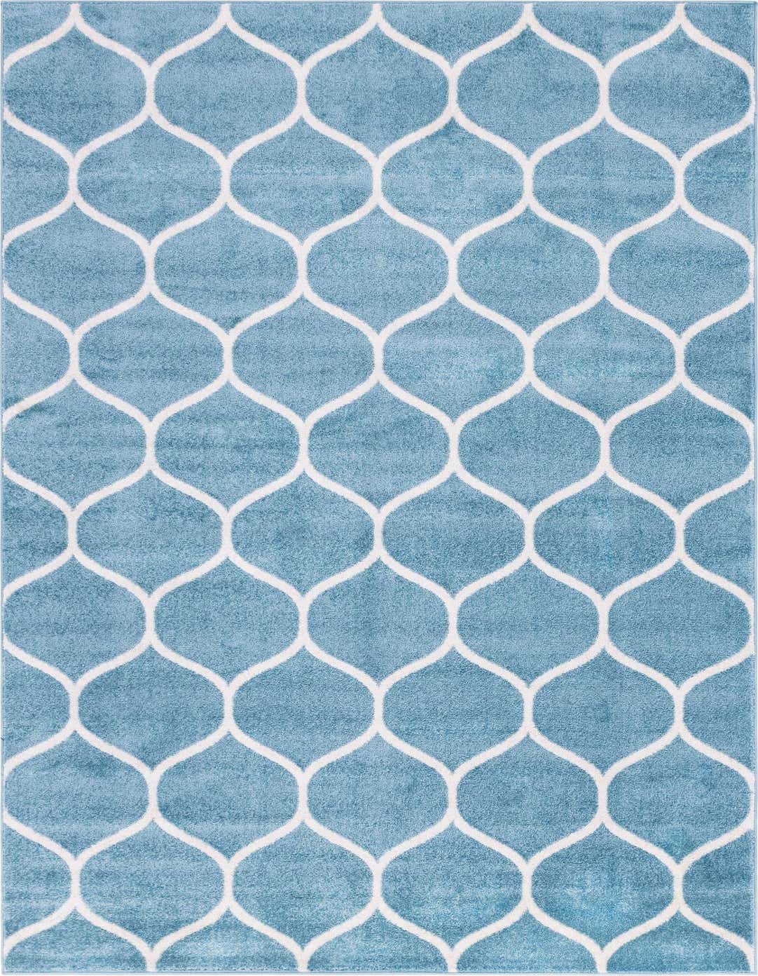 A 6 ft runner rug featuring a modern lattice pattern in varying shades of light blue with white outlines.