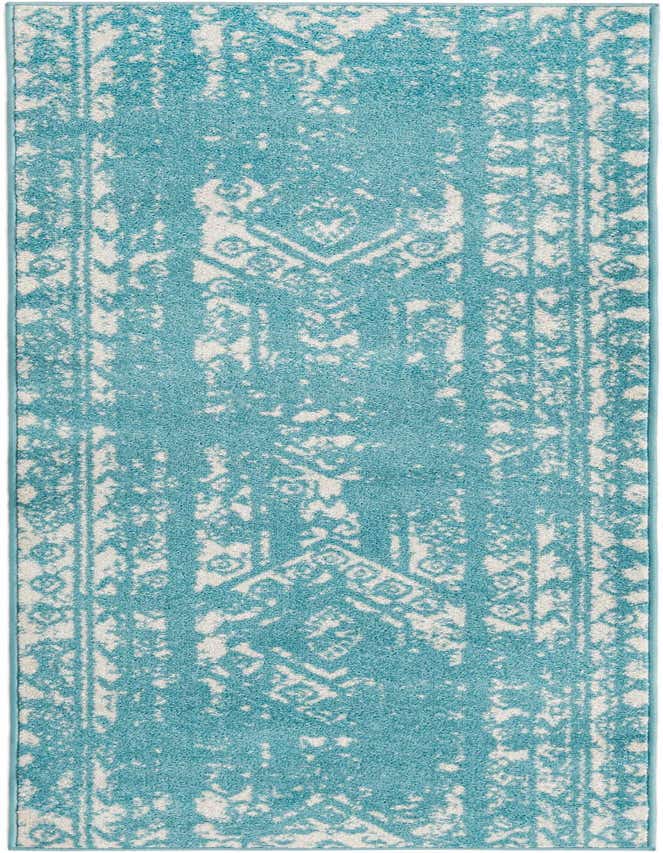 A light blue and cream 8 ft runner rug with a distressed Southwestern tribal pattern, ideal for a hallway or kitchen.