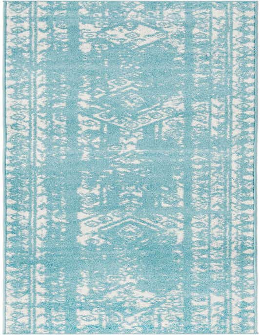 A 10 ft runner rug from the Rugs.com Lennon Collection, featuring a distressed Southwestern tribal pattern in light blue and white, ideal for a hallway.