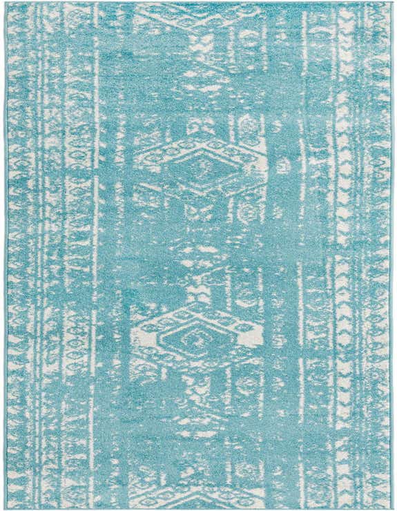 A 12 ft Lennon runner rug in distressed light blue and white with a vintage Southwestern tribal pattern, perfect for a hallway.