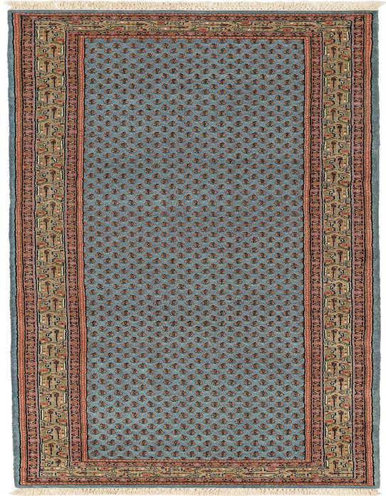 A 10 ft Mir runner rug in light blue with a traditional Oriental pattern and decorative border, perfect for a hallway.