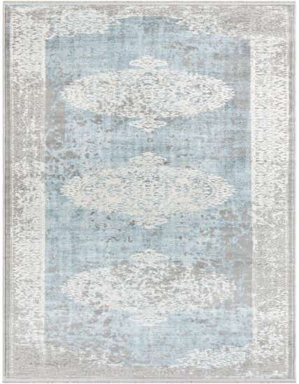 A 12 ft blue and gray runner rug with a distressed medallion pattern, ideal for a hallway.