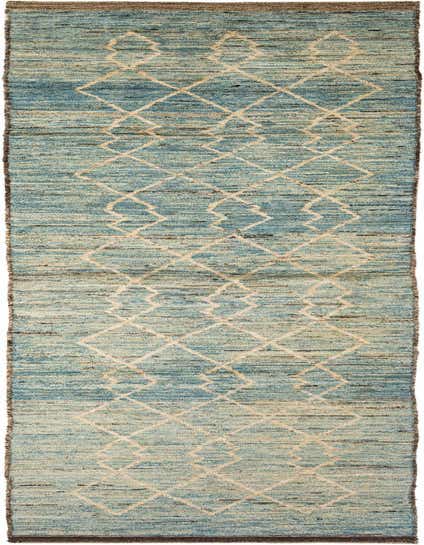 A 16 ft runner rug featuring a textured blue background with an off-white tribal diamond pattern, ideal for hallways.