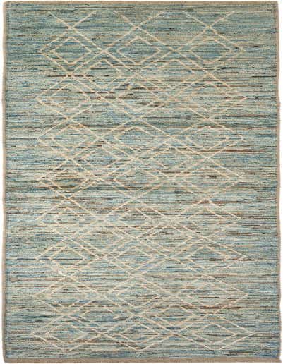 A 16 ft runner rug from the Rugs.com Moroccan Collection, featuring a tribal geometric pattern in varying shades of blue and cream.