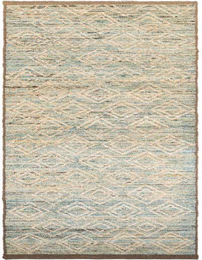 A long 16 ft runner rug with a shag pile, featuring a light blue and cream tribal geometric pattern, perfect for a hallway.