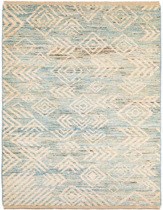 A handmade 13 ft runner rug in light blue and cream with a tribal geometric pattern, ideal for a hallway.