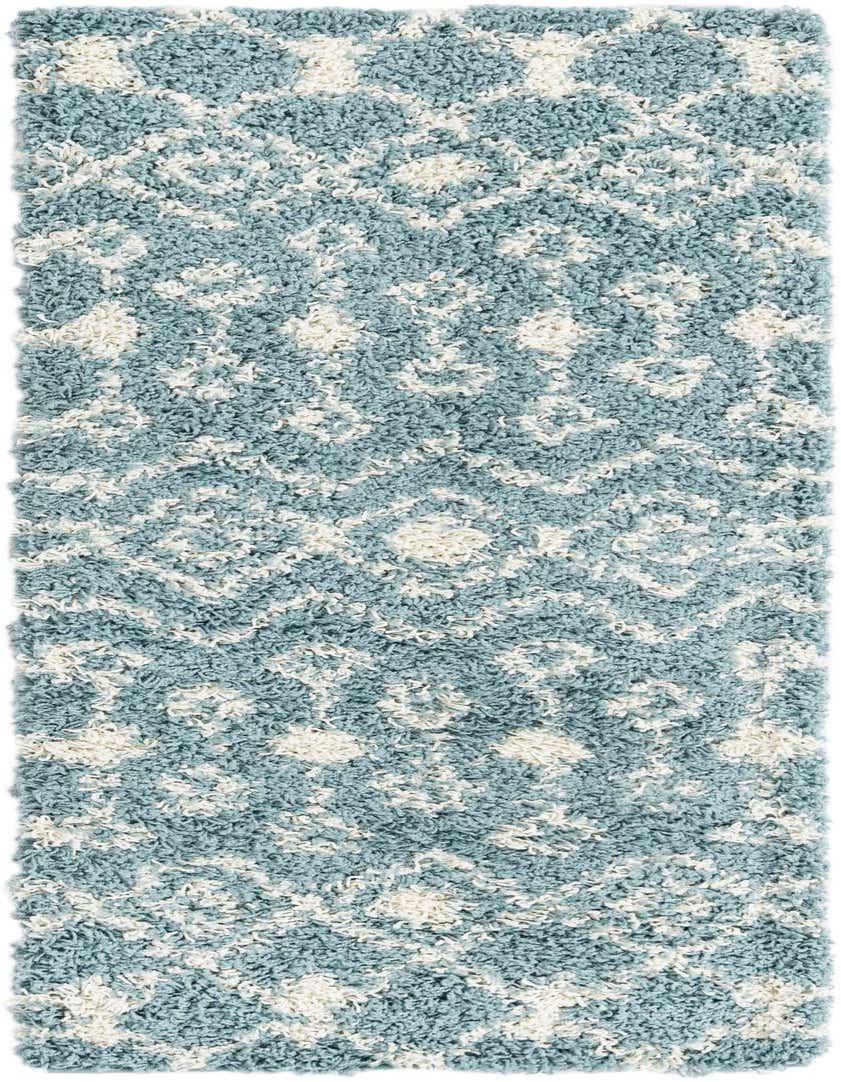 A light blue and cream Moroccan Trellis Shag runner rug with a tribal pattern, featuring a textured, plush pile.