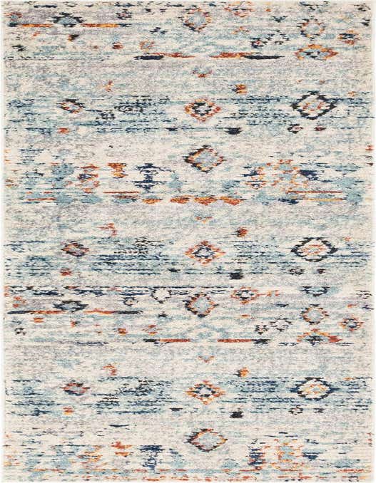 A 10 ft runner rug from the Morocco collection, featuring a light blue, cream, and orange bohemian pattern with a shag pile, ideal for a hallway.
