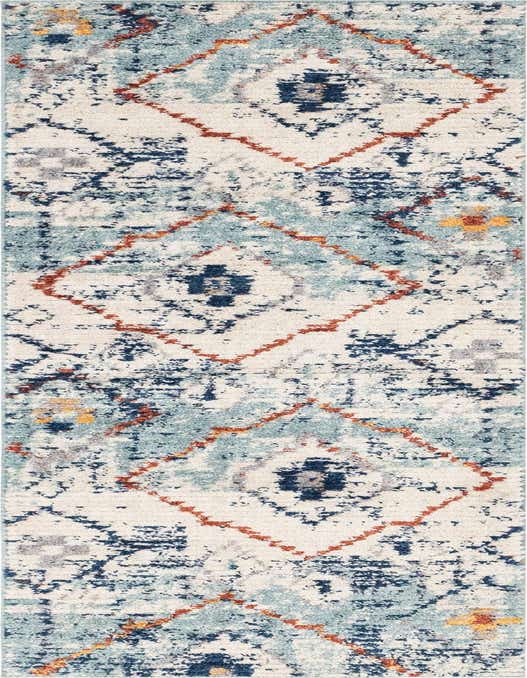 A 10 ft runner rug with a distressed Bohemian pattern in light blue, navy, orange, and cream, featuring geometric diamond shapes.
