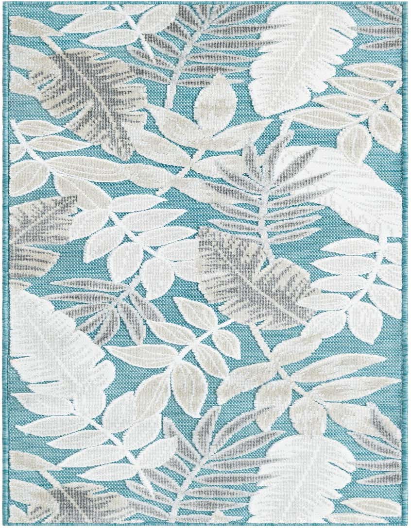 A 5 ft runner rug with a vibrant blue background and an abstract tropical leaf pattern in white and gray, suitable for indoor or outdoor use.