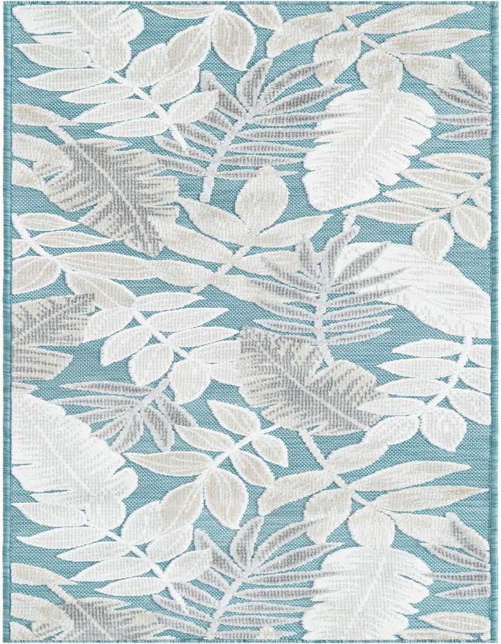 A 6 ft runner rug with a light blue background and an abstract tropical leaf pattern in white and gray, suitable for indoor/outdoor use.