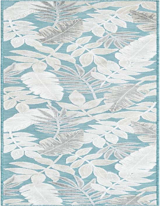 A light blue 8 ft runner rug with an abstract tropical leaf pattern in white and gray, suitable for a hallway or patio.