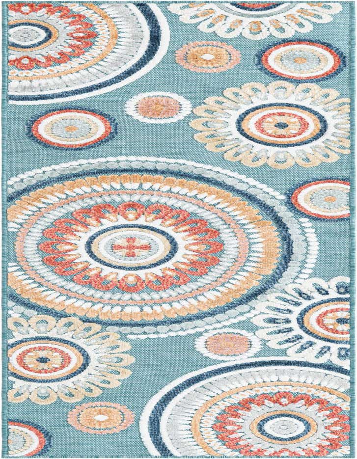 A 6 ft runner rug with a light blue background, featuring large, colorful modern abstract medallions in shades of coral, orange, white, and navy.