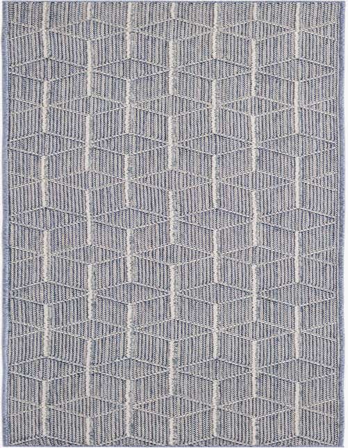 A light blue and white modern trellis pattern runner rug, ideal for hallways, kitchens, or patios.