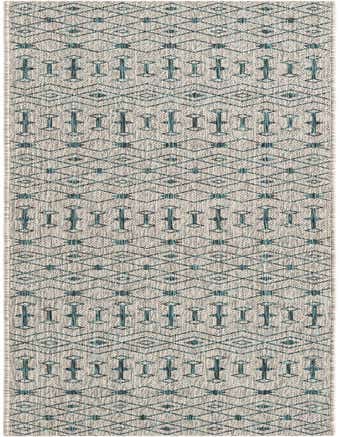 A 12 ft runner rug from the Outdoor Lattice collection, featuring a modern trellis pattern in shades of blue and light blue on a flatweave texture.