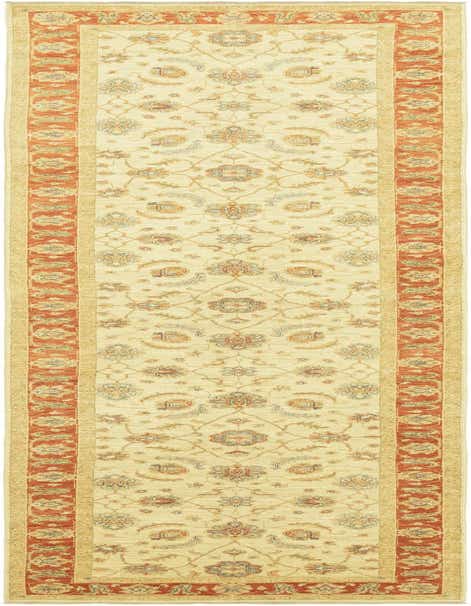 A 17 ft runner rug featuring a light blue and ivory botanical and tribal pattern with a rust red border.