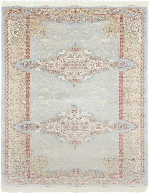 A 10 ft runner rug in light blue with intricate traditional botanical and medallion patterns, ideal for a hallway.