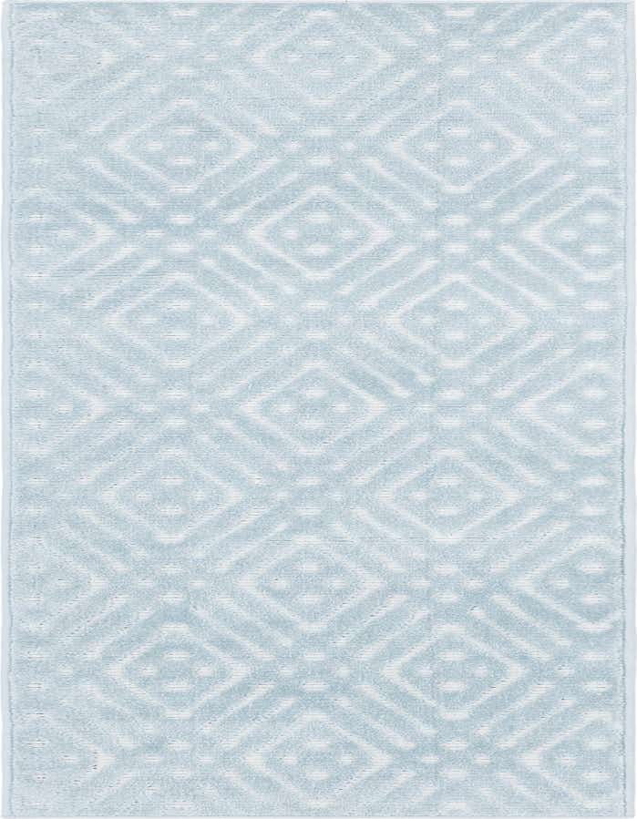 Light blue 8 ft runner rug with a modern trellis pattern and textured high-low pile, suitable for indoor/outdoor use.