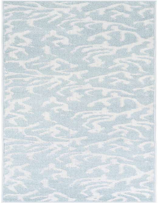 A light blue and white modern abstract runner rug, 10 ft long, with a textured, wavy pattern, suitable for a hallway or patio.