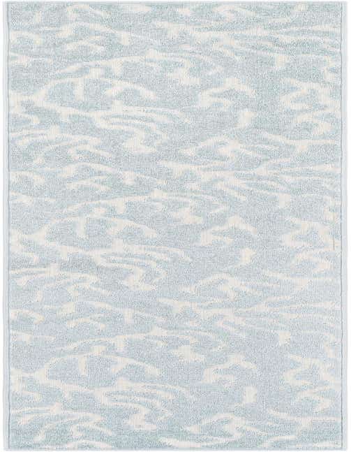 A light blue and white modern abstract runner rug, 8 ft, with a textured pile, suitable for indoor/outdoor use.