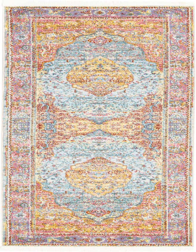 A 6 ft runner rug from the Santiago Collection, featuring a distressed medallion pattern in blues, pinks, and yellows.