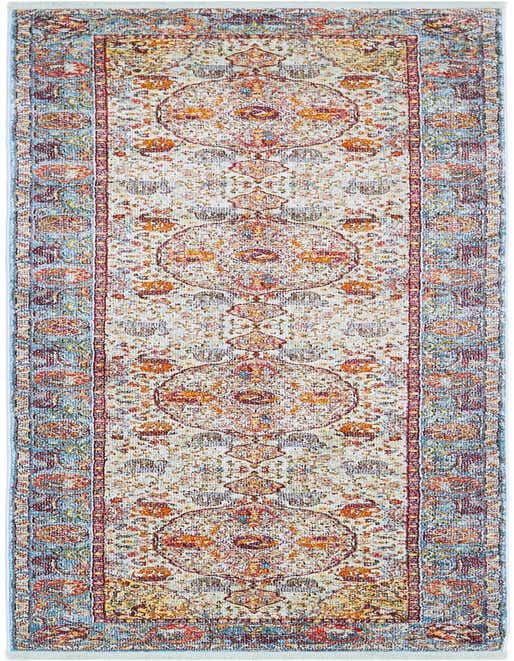 A 10 ft runner rug with a light blue border and a distressed bohemian medallion pattern in red, orange, and cream.