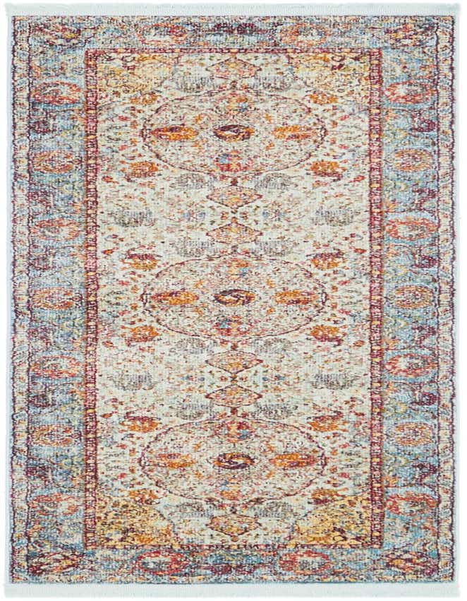 A 6 ft runner rug featuring a distressed medallion pattern in light blue, orange, and red tones, ideal for a hallway or kitchen.