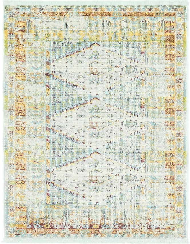 A 6 ft runner rug with a distressed Bohemian medallion pattern in shades of light blue, yellow, and brown.