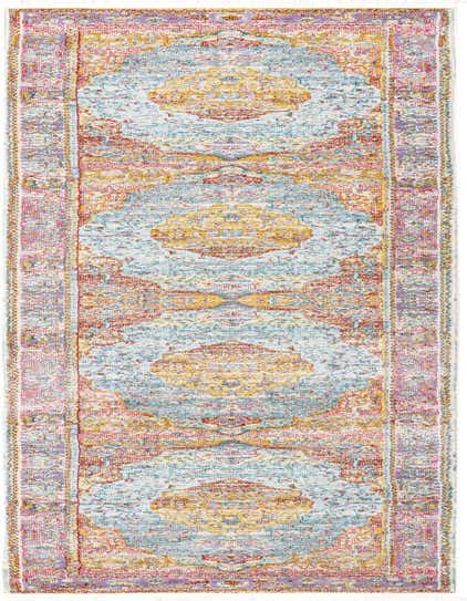 A 12 ft runner rug featuring a distressed medallion pattern in blues, gold, rust, and purple, ideal for a hallway.