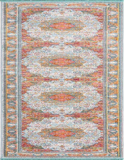 A 12 ft runner rug from the Santiago collection, featuring a vibrant medallion and oriental pattern in blues, oranges, and reds, ideal for a hallway.
