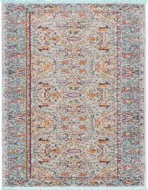 A light blue and multi-color bohemian runner rug with a distressed medallion pattern and fringe, ideal for a hallway or kitchen.
