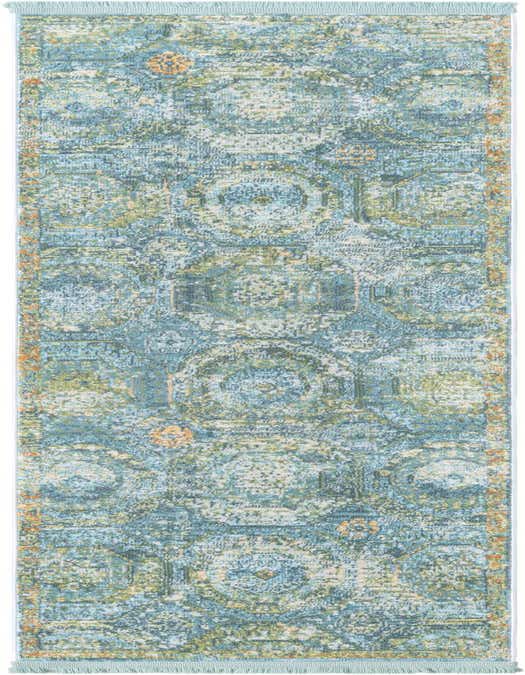 A light blue 8 ft runner rug with an abstract bohemian medallion pattern in shades of blue, green, and hints of orange.