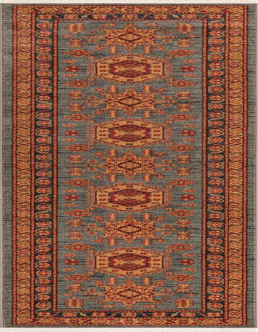 A 10 ft runner rug in traditional tribal style, featuring a light blue background with red, orange, and navy medallion patterns, ideal for a hallway.