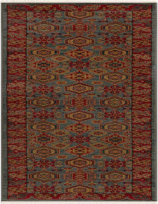 A 10 ft runner rug in light blue with a vibrant bohemian and traditional pattern featuring red, gold, and navy floral and geometric motifs, ideal for a hallway.