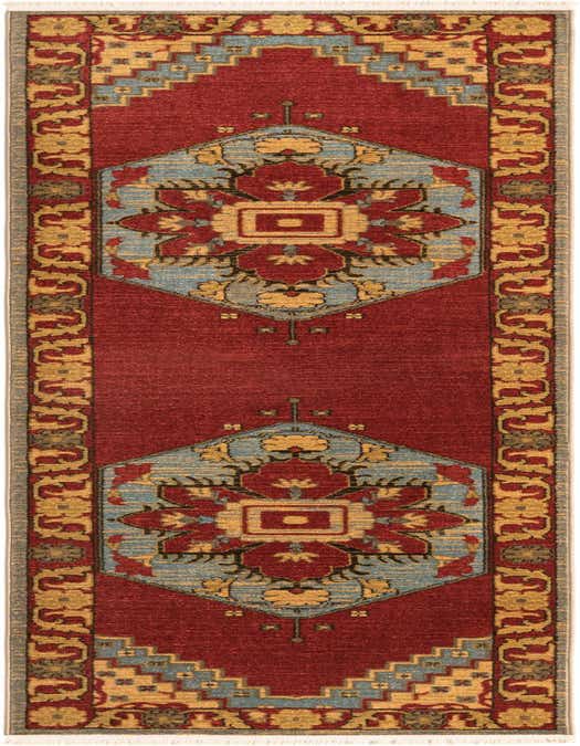 A 10 ft runner rug from the Rugs.com Sara Collection, featuring a traditional medallion pattern in blues and reds, ideal for a hallway.