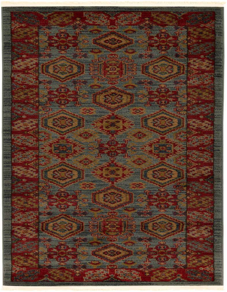 A 7 ft runner rug featuring a light blue field with intricate red, gold, and blue traditional and tribal patterns, ideal for a hallway.