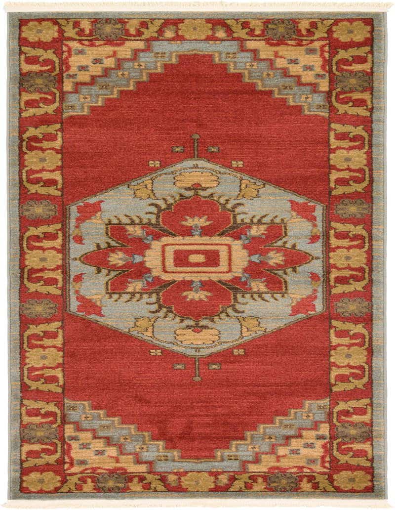 A 7 ft runner rug featuring a traditional medallion pattern in shades of red, light blue, and gold, ideal for a hallway.