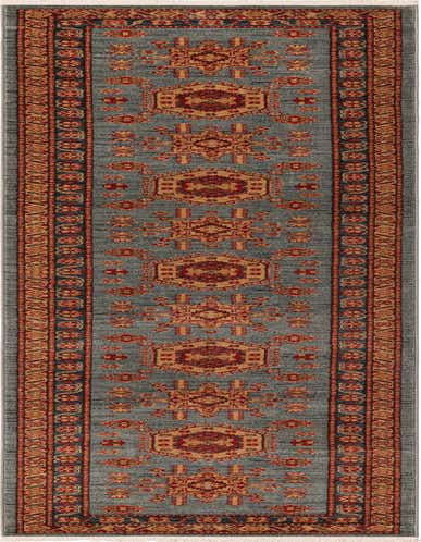 A 13 ft Sara runner rug in light blue with traditional tribal medallion patterns in red and gold, ideal for a hallway.