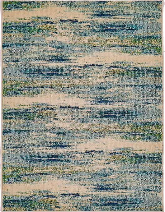 A 10 ft runner rug from Theia Collection featuring an abstract coastal pattern in shades of blue, green, and cream.