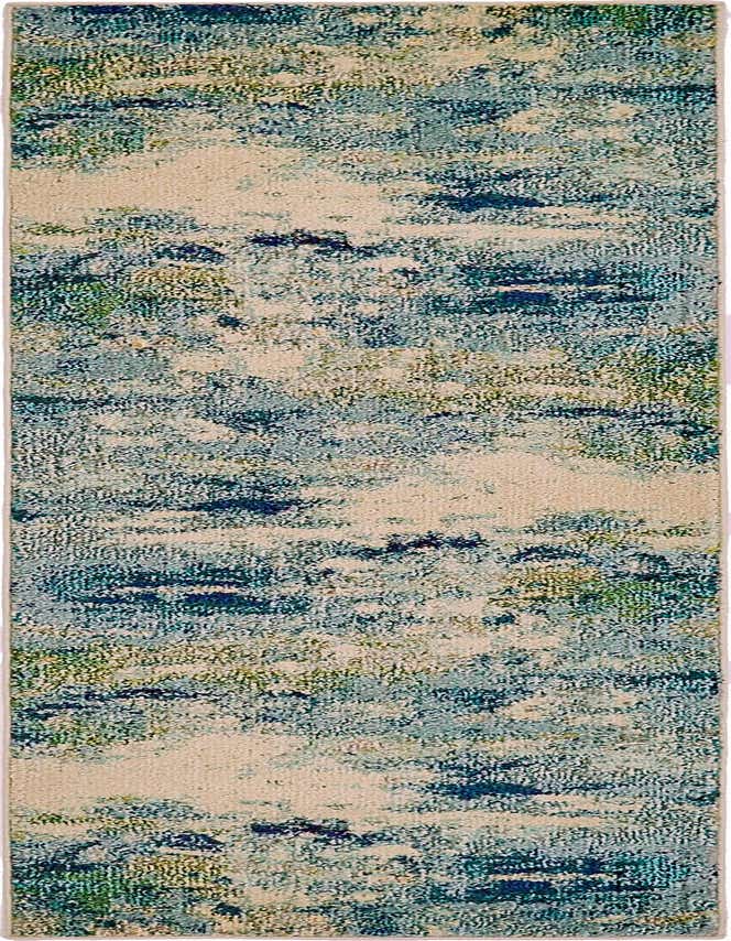 A 7 ft runner rug in an abstract coastal pattern with shades of blue, green, and cream, ideal for a hallway.