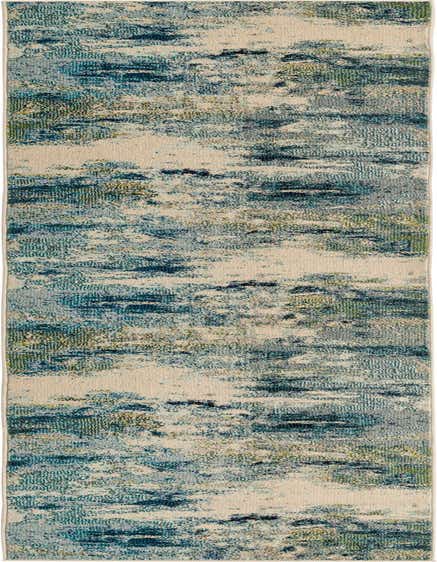 A 12 ft runner rug with an abstract pattern in varying shades of blue, teal, and beige, suitable for a hallway.