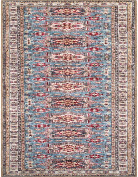 A 12 ft blue runner rug with a distressed, multi-color traditional pattern, featuring red, beige, and dark accents.
