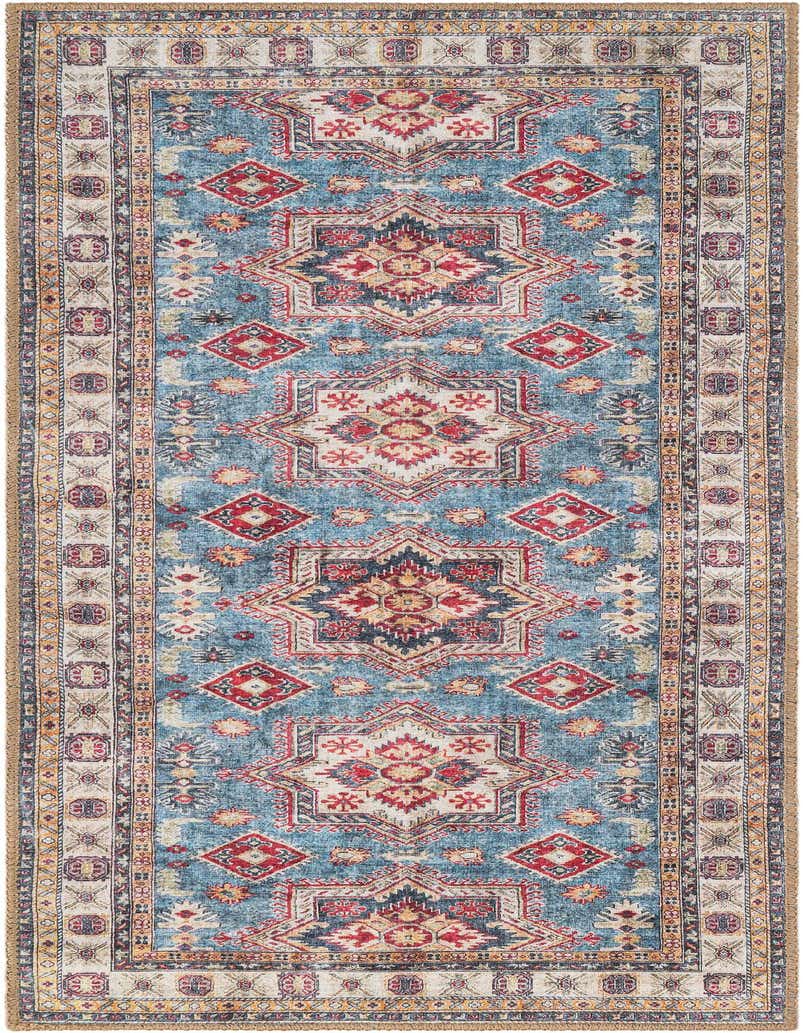 A 5 ft runner rug in shades of blue, red, and cream with a distressed traditional pattern, ideal for a hallway.